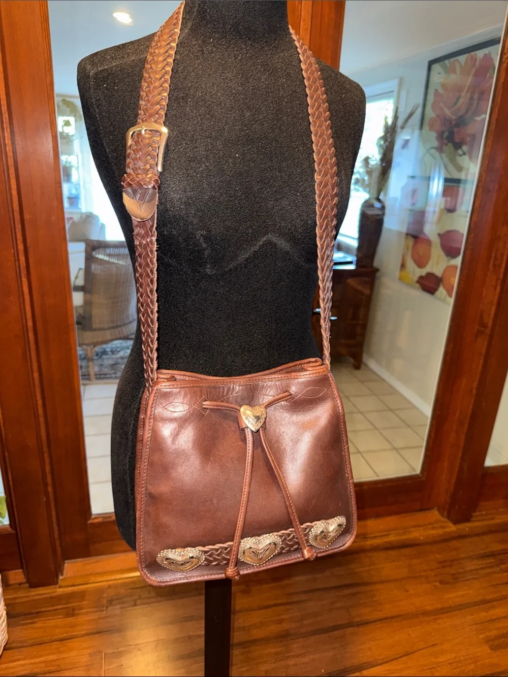 Vintage Brighton Braided Strap Brown Leather Shoulder Bag with Heart Accents - Picture 2 of 14